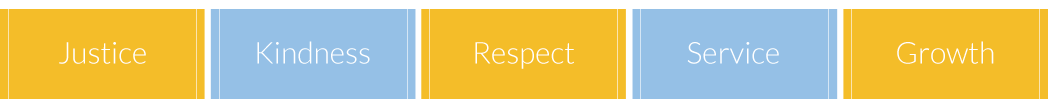 Our Values: Justice, Kindess, Respect, Service, Growth